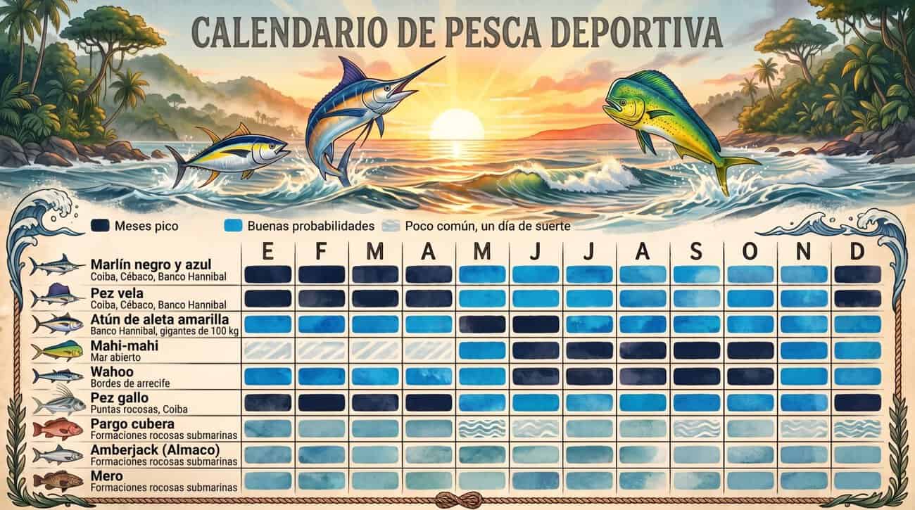 Calendario de pesca deportiva en Panamá: meses de mayor actividad del marlín negro y azul, pez vela, atún aleta amarilla, dorado, peto, pez gallo, pargo cubera, pez ámbar y mero en Hannibal Bank y Coiba