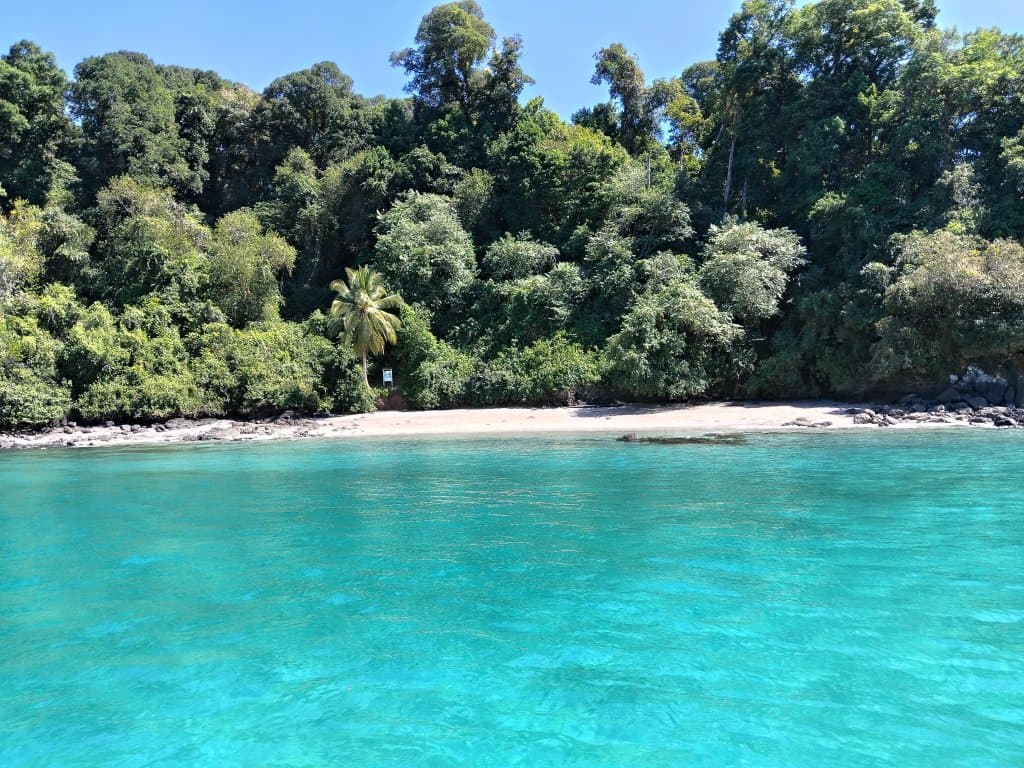Playa de arena blanca y agua turquesa en Isla Coco, Parque Nacional Coiba, Panamá