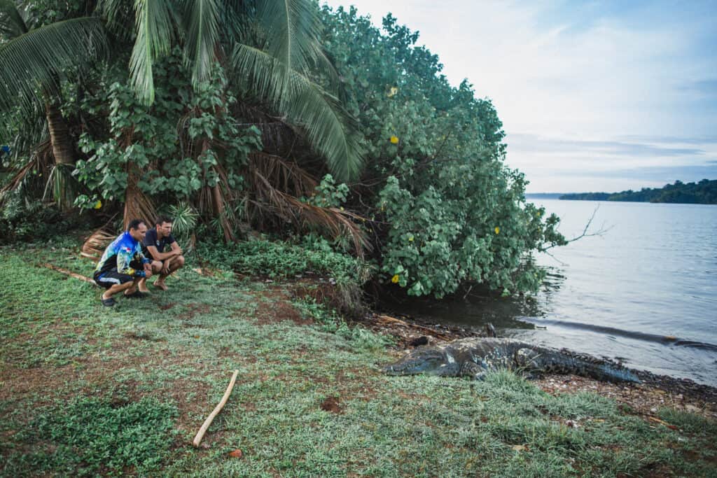 Visitantes observando a Tito el cocodrilo en la playa detrás de la estación de Gambute, Coiba